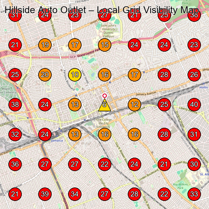 Hillside Auto Outlet GeoGrid visibility map for Used Car Dealer in Queens
